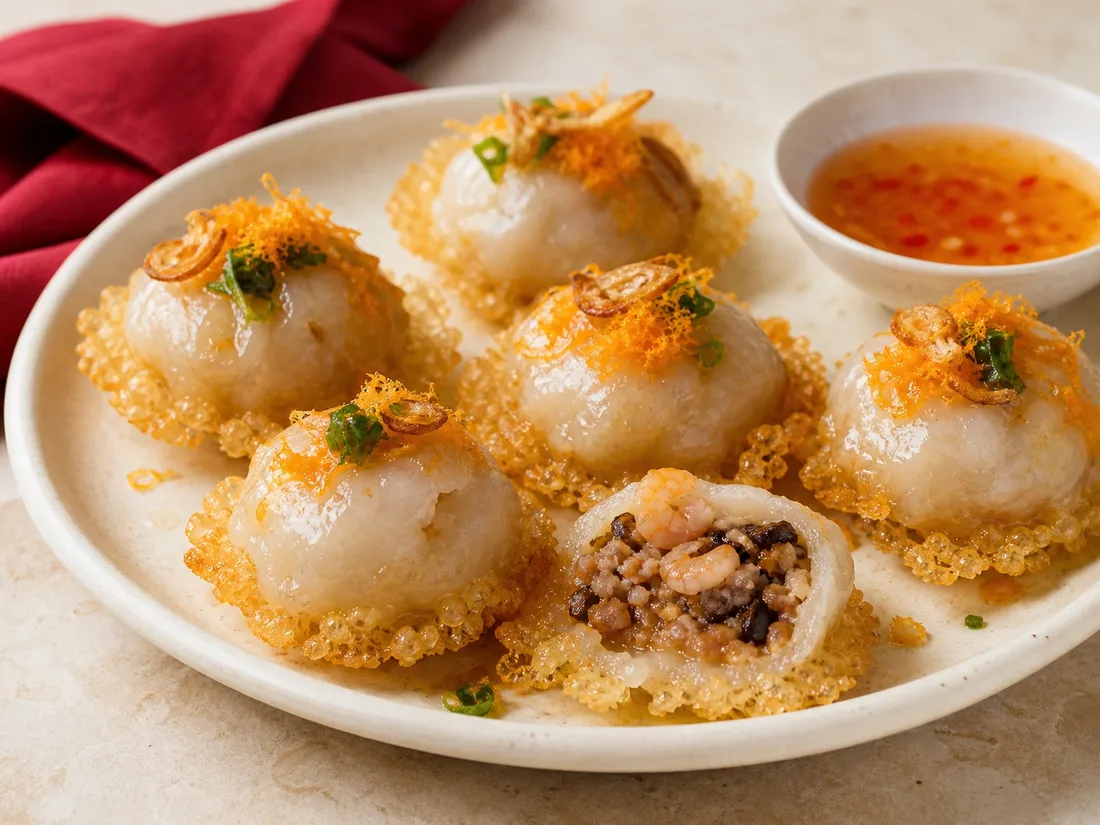 Huế sticky rice dumplings on crisp golden rice cakes