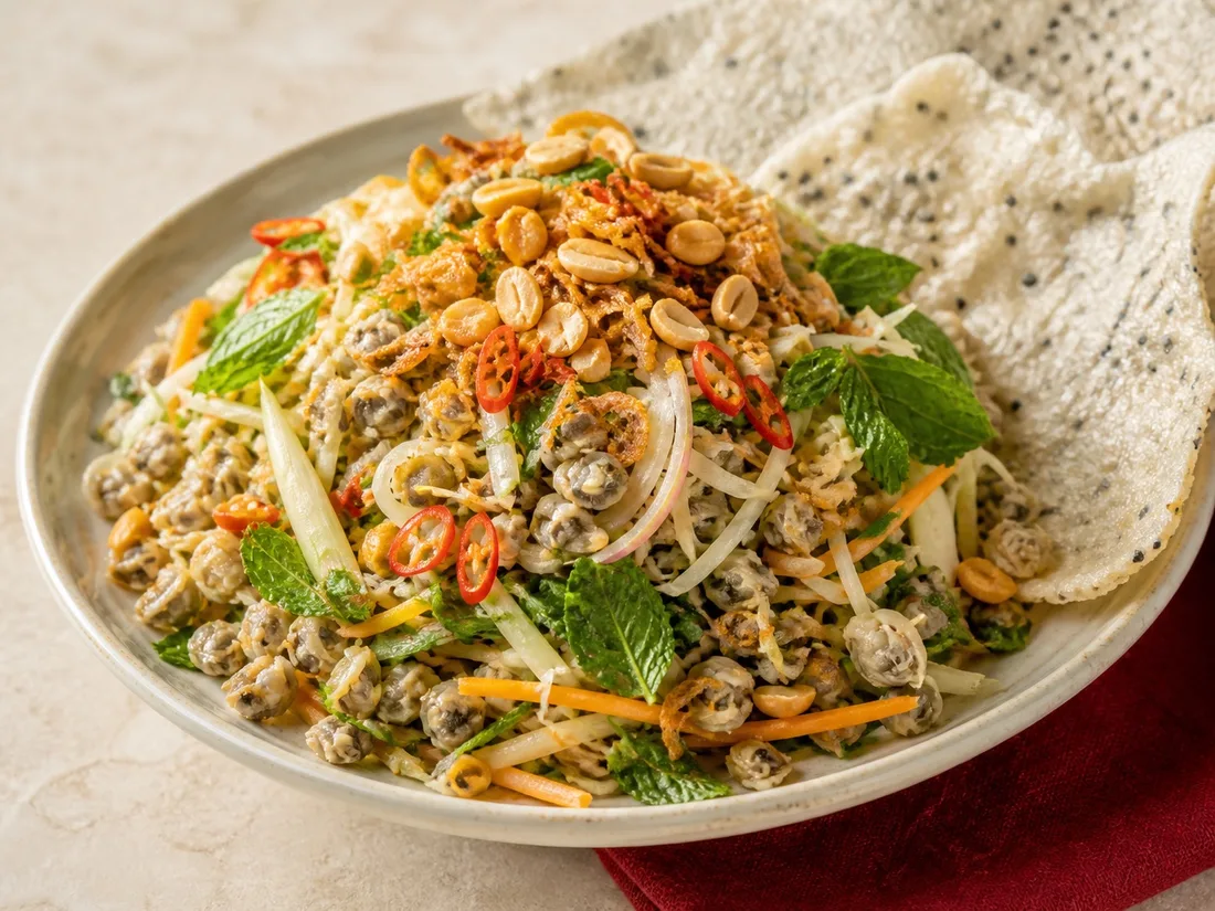 Huế baby clam salad with herbs and crisp rice crackers
