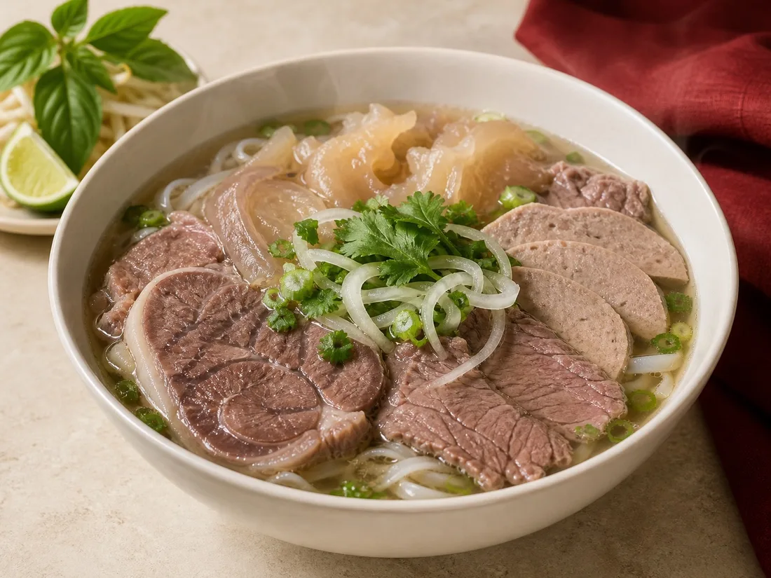 Special beef phở with sliced flower brisket and fresh herbs
