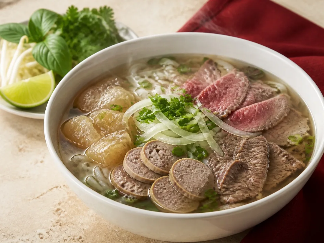 The house phở with assorted beef cuts and meatballs