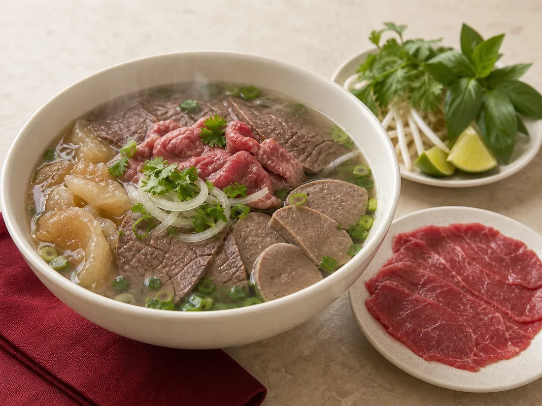 The house special phở topped with rare sliced beef