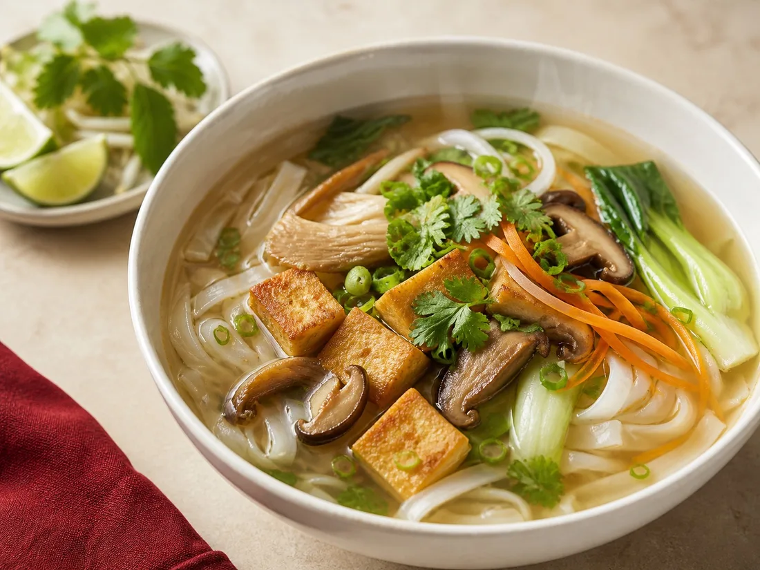 Vegetarian phở with tofu, mushrooms, vegetables and fresh herbs