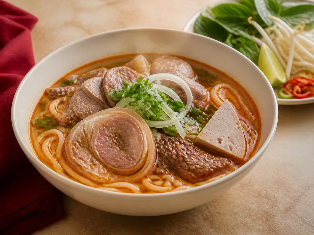 Spicy Huế beef noodle soup with lemongrass and herbs