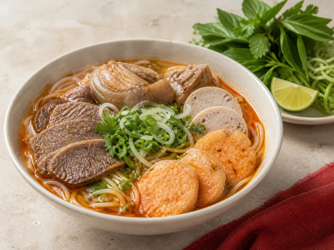 Special Huế beef noodle soup with shrimp cake and assorted meats