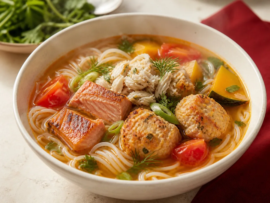Fish noodle soup with shrimp and crab
