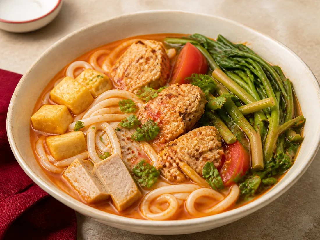 Thick rice noodle soup with crab, tomato and water spinach