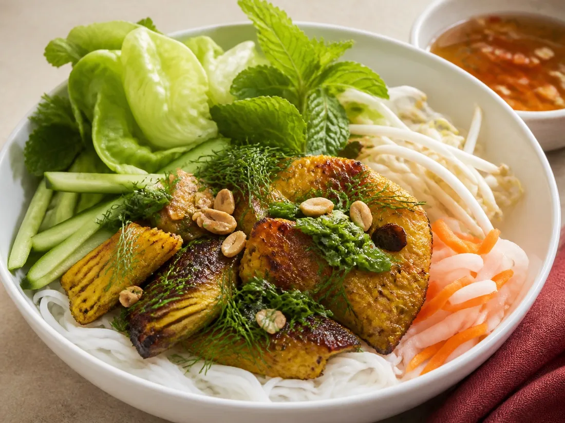Fish vermicelli with abundant fresh dill