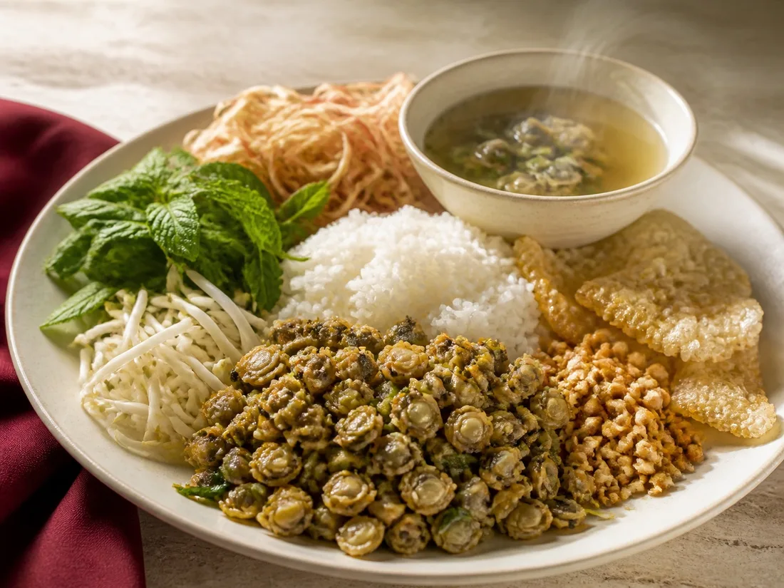 Huế rice plate with baby clams, herbs, peanuts and crisp pork skin