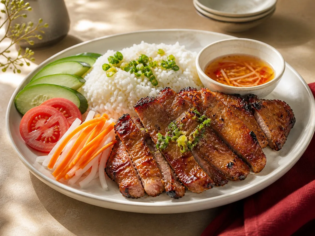Lemongrass grilled pork with broken rice and pickled vegetables