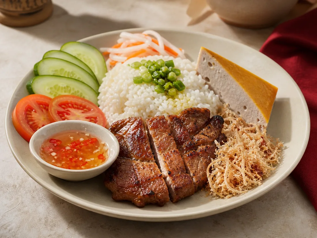Broken rice with grilled pork, pork skin and steamed pork cake