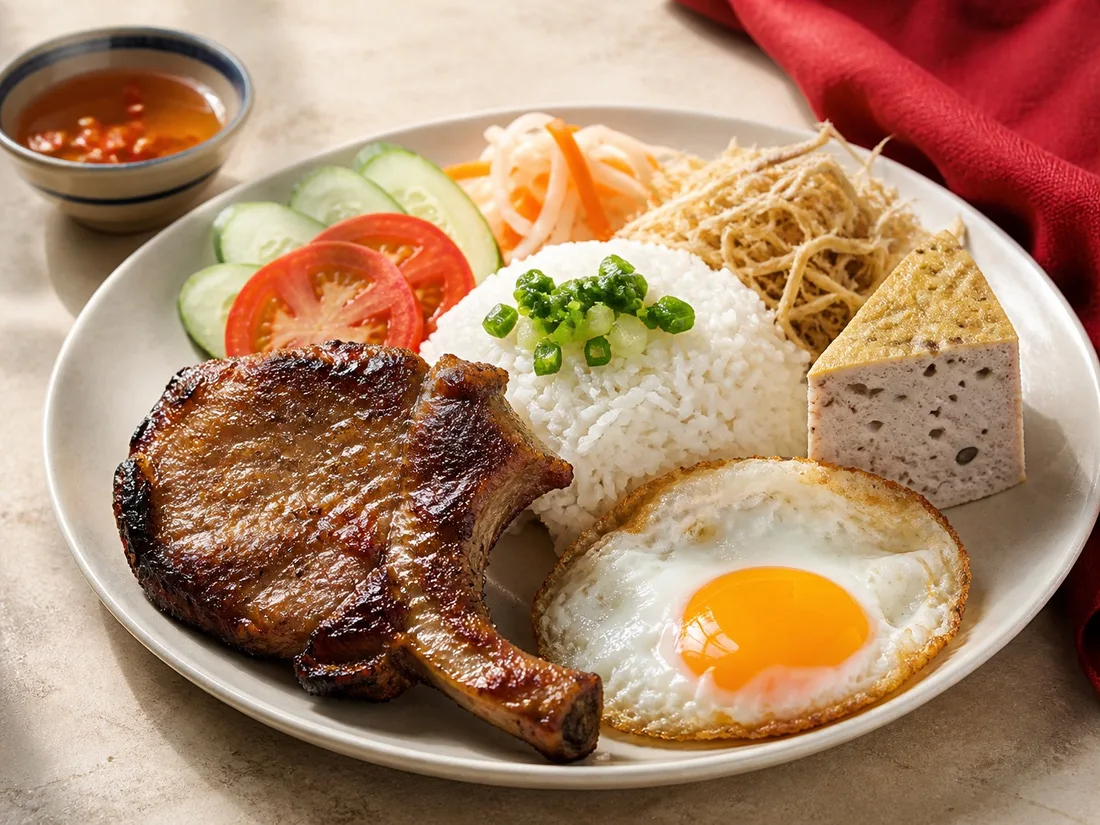 Full broken rice plate with pork chop, pork cake and fried egg