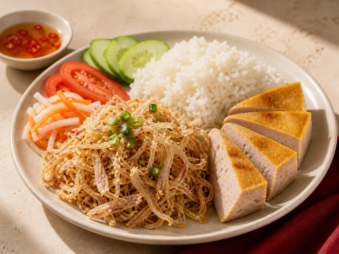 Broken rice with shredded pork skin and steamed pork cake