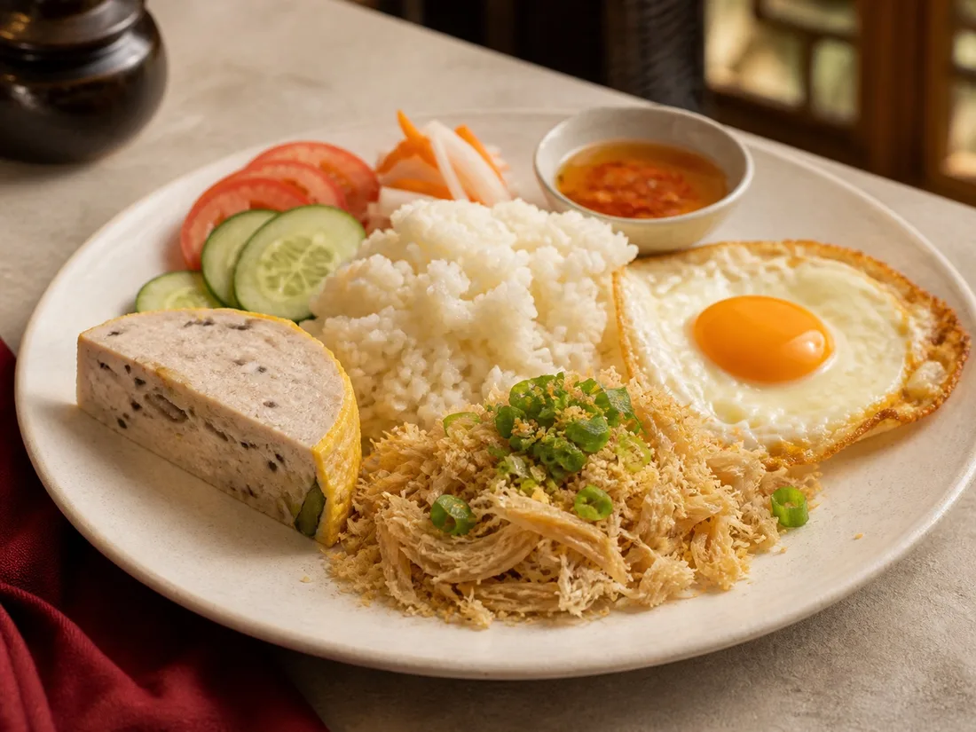 Broken rice with pork skin, steamed pork cake and fried egg
